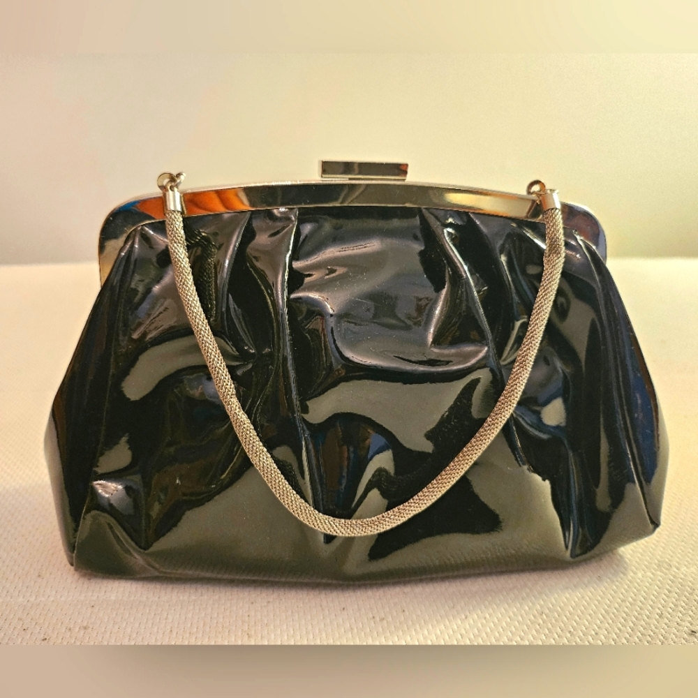 Kenneth Cole New York Black Patent & Silver Short Strap Evening Bag
